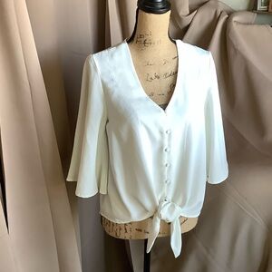 Source Unknown White V-Neck Blouse Bell Sleeves with Tie Front